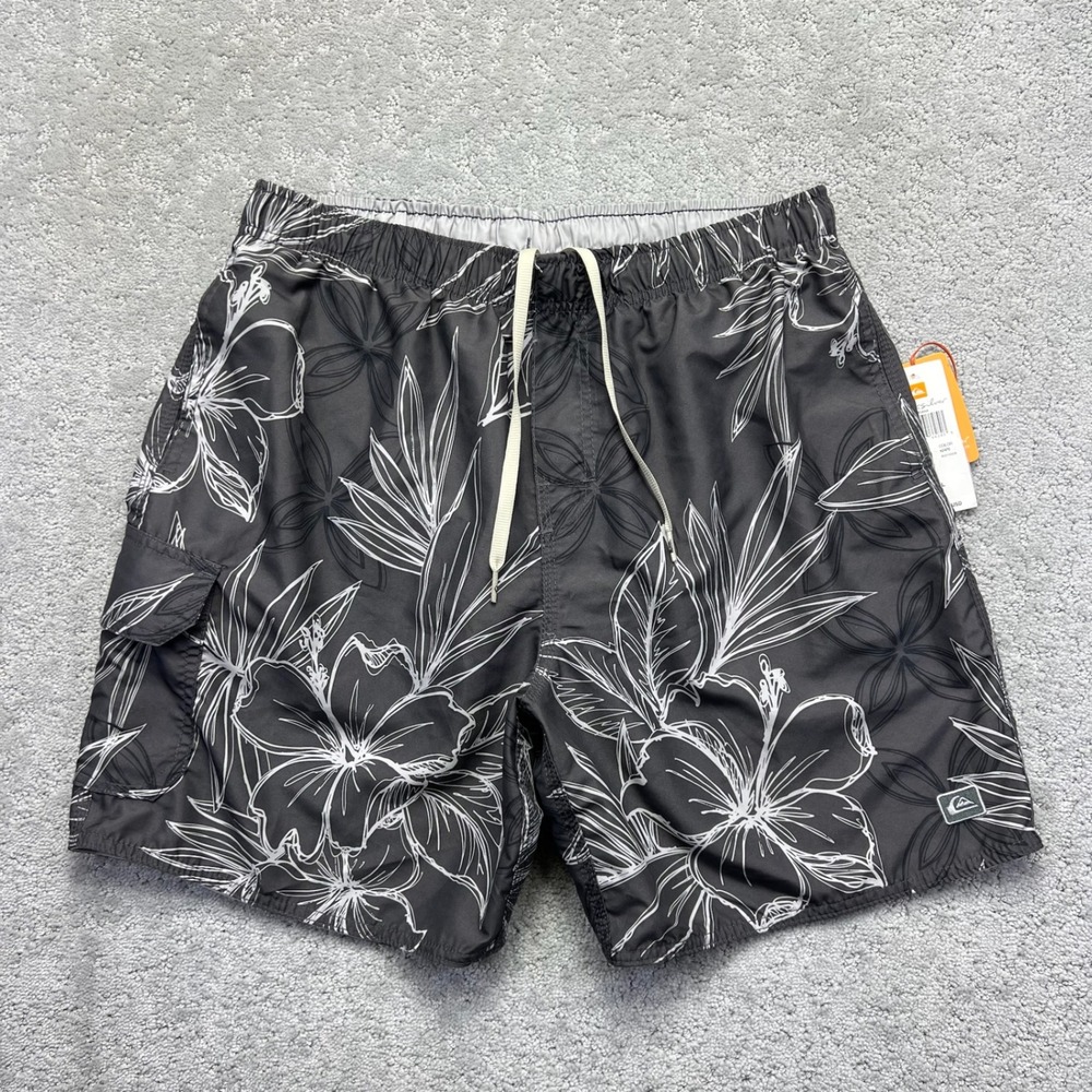 Quiksilver Board Shorts Mens Large Black White Floral Waterman Moana Surf NWT